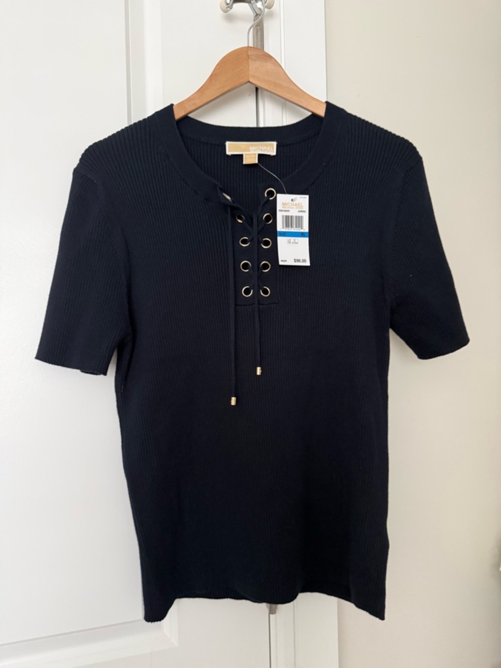 NWT!!Michael Kors Navy Blue Ribbed Short Sleeve Lace-Up Top size XL